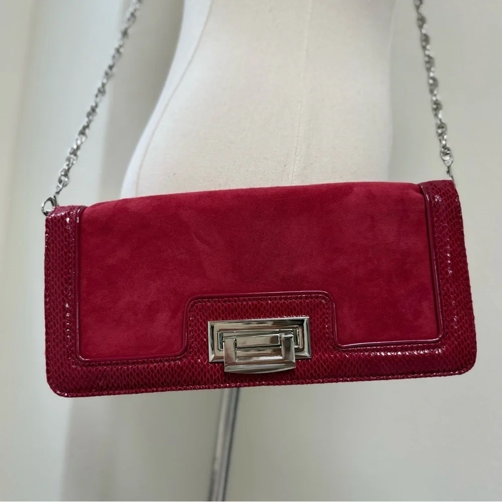 Brand New White House Black Market Burgundy and Silver Leather Crossbody Clutch